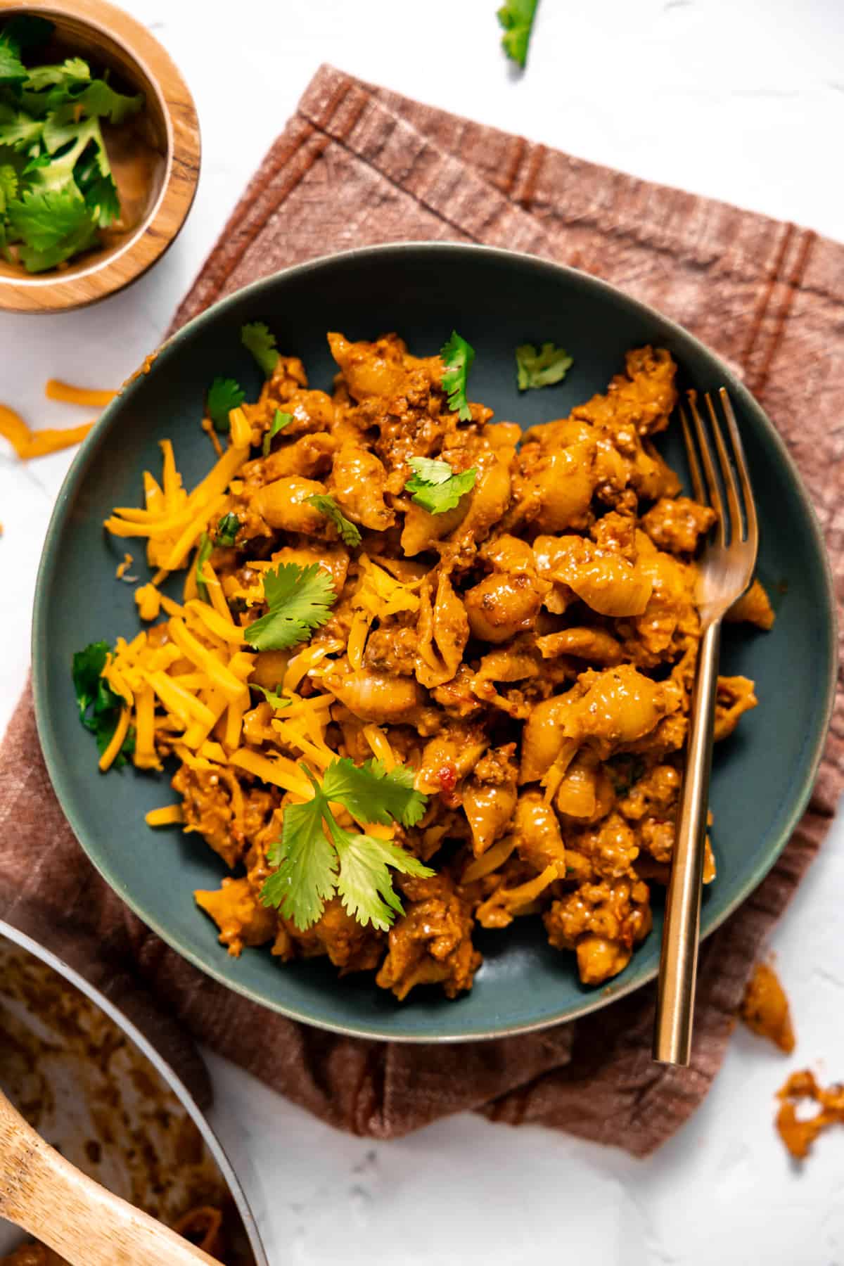 Bowl of taco pasta served. 