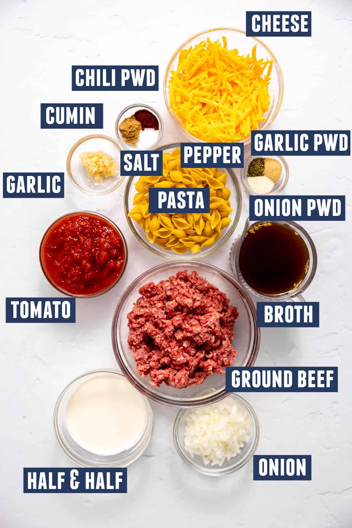 Ingredients needed to make taco pasta.