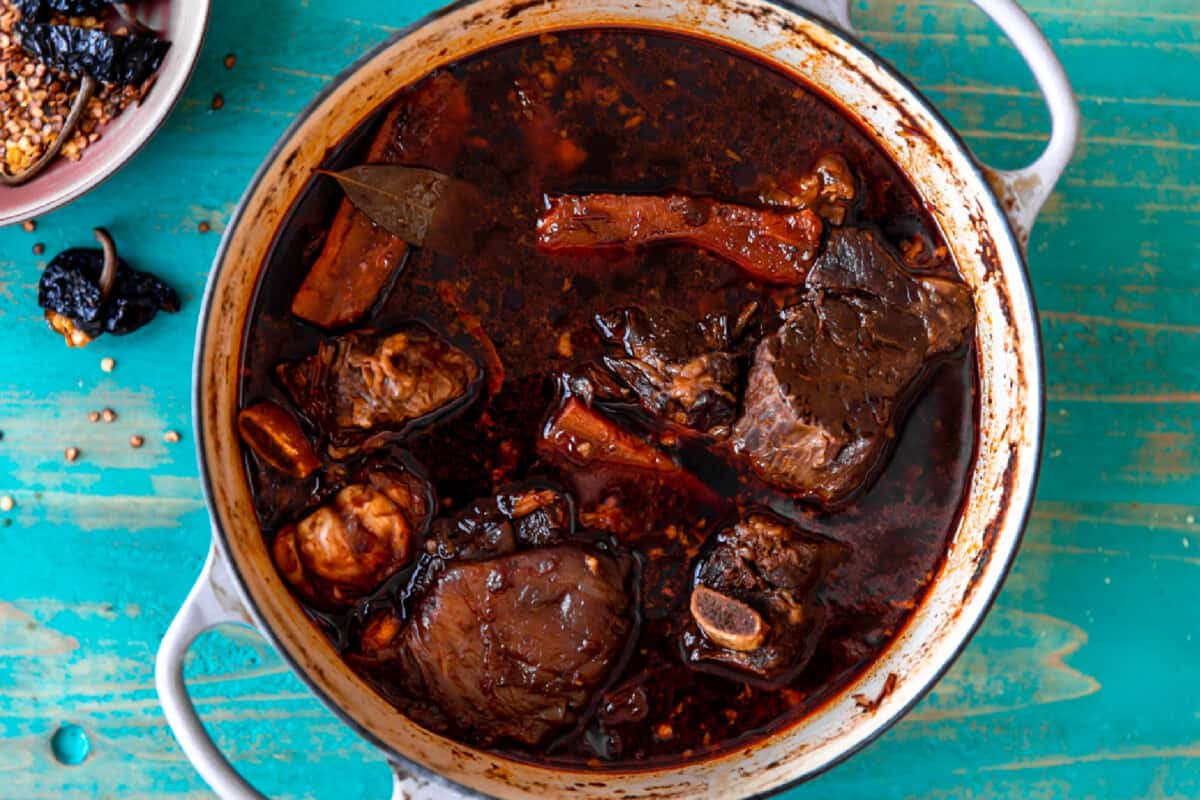 Beef birria in a dutch oven. 