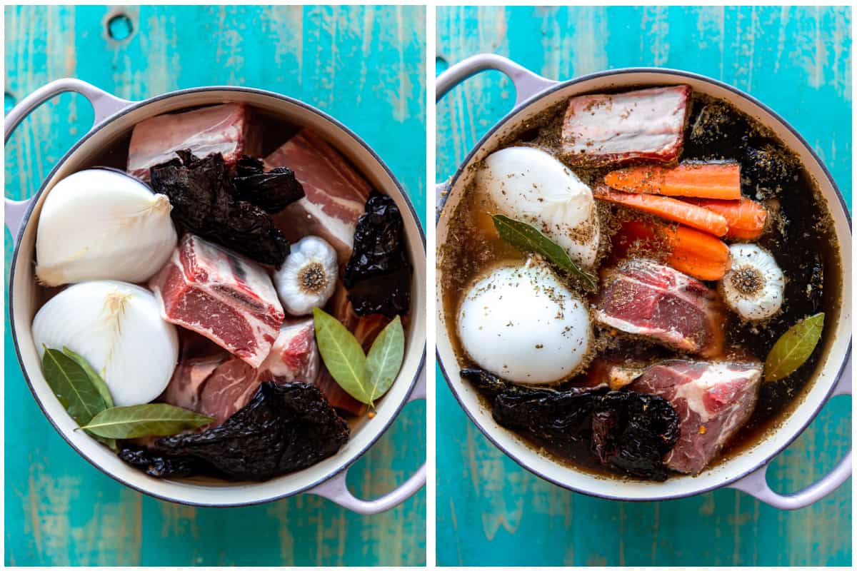 Large Dutch oven filled with ingredients to make birria de res, Mexican beef stew.