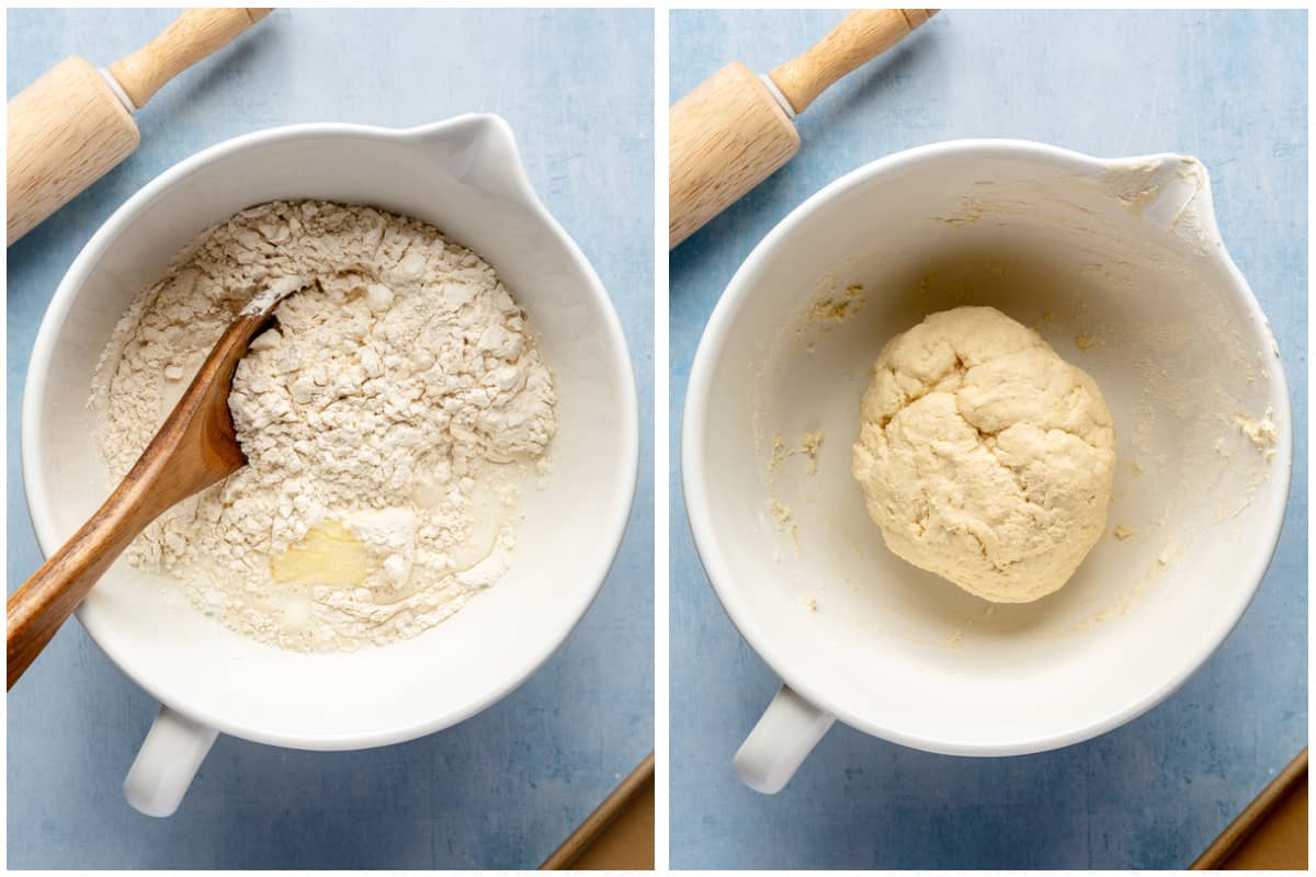 Mixing ingredients for no yeast pizza dough in a mixing bowl. 