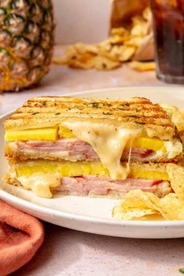 Hawaiian grilled cheese sandwich served on a plate.