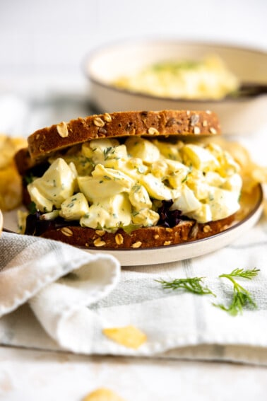 Egg salad sandwich served on a plate.