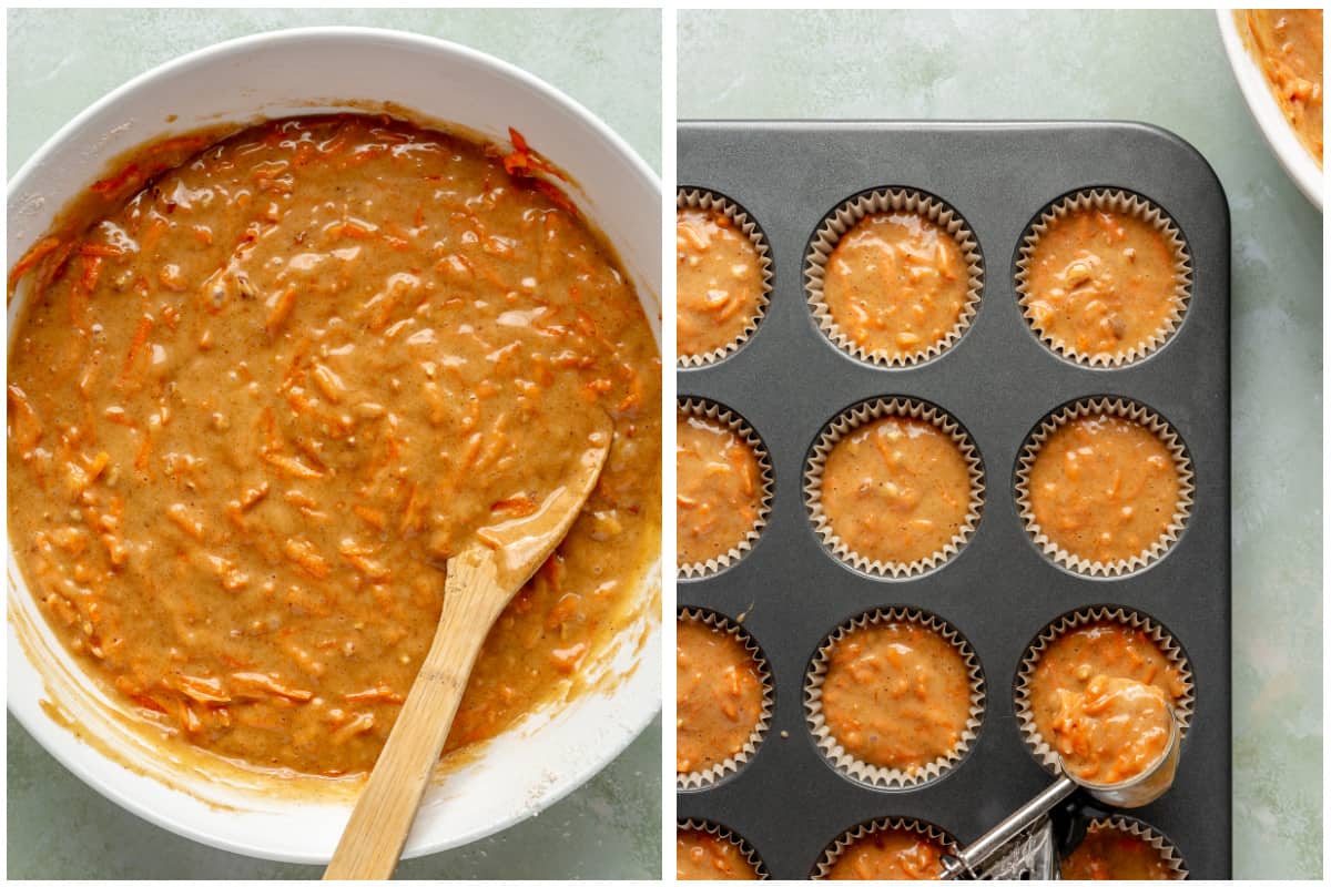 Carrot cake batter being scooped into cupcake liners.