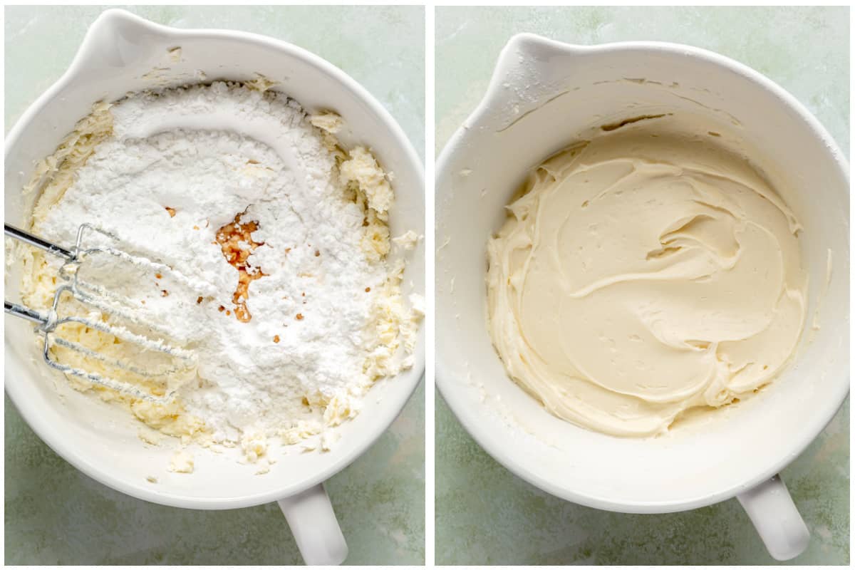 Powdered sugar and vanilla added to cream cheese and butter for frosting.