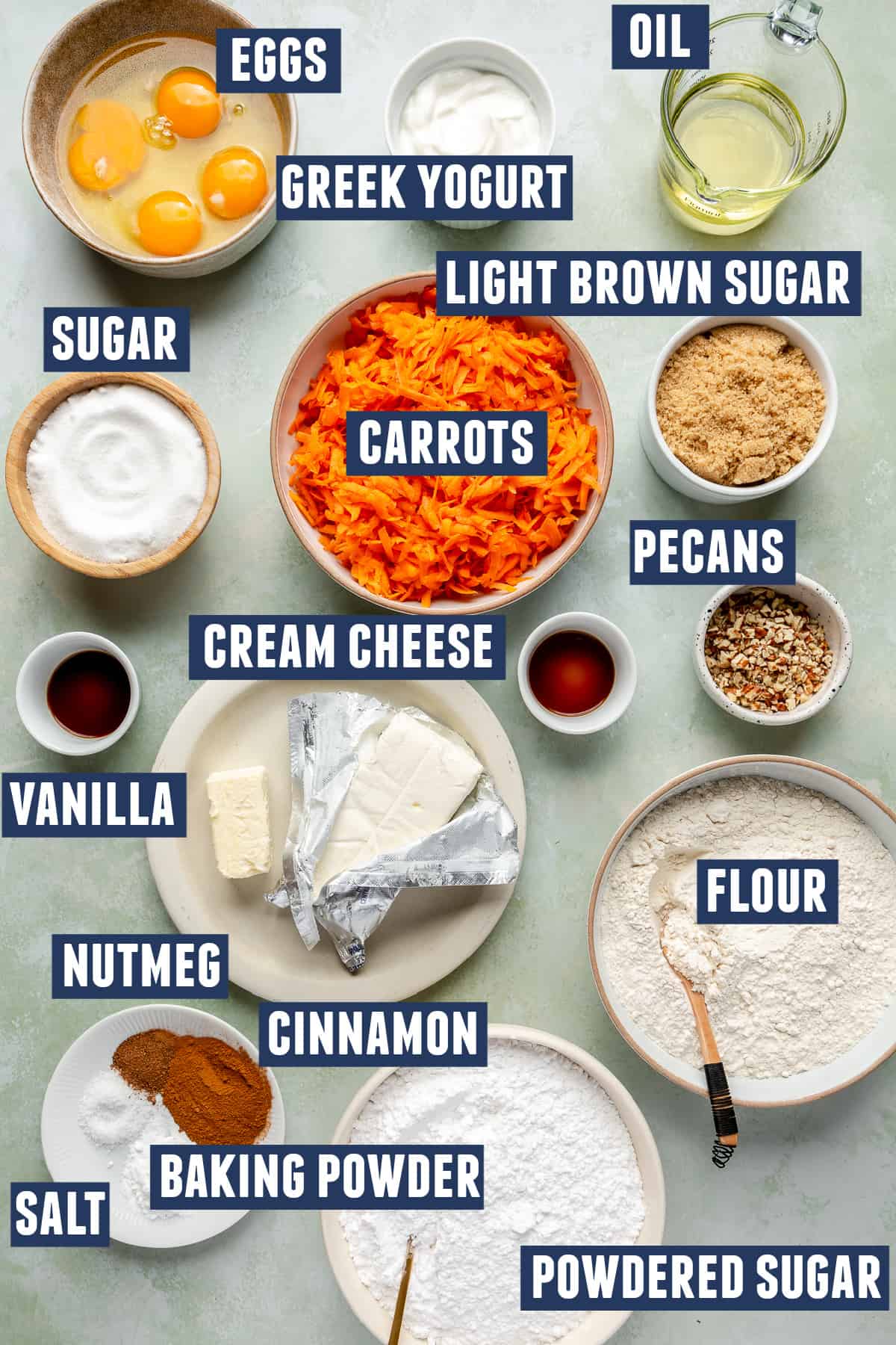 Ingredients needed to make carrot cake cupcakes.