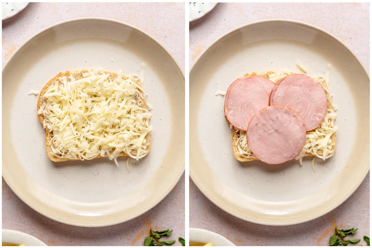 Shredded cheese added to a slice of bread then Canadian bacon added on top.