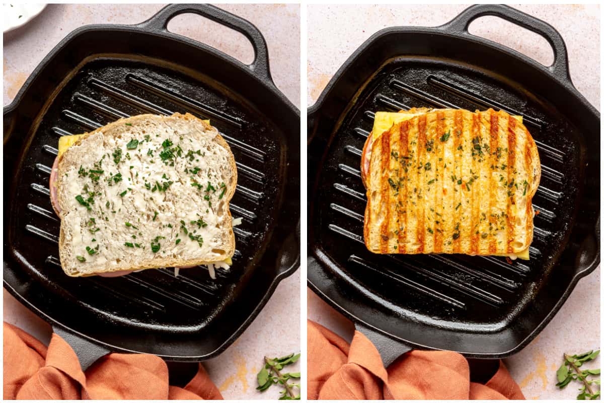 Hawaiian grilled cheese sandwich before and after grilling in a skillet.