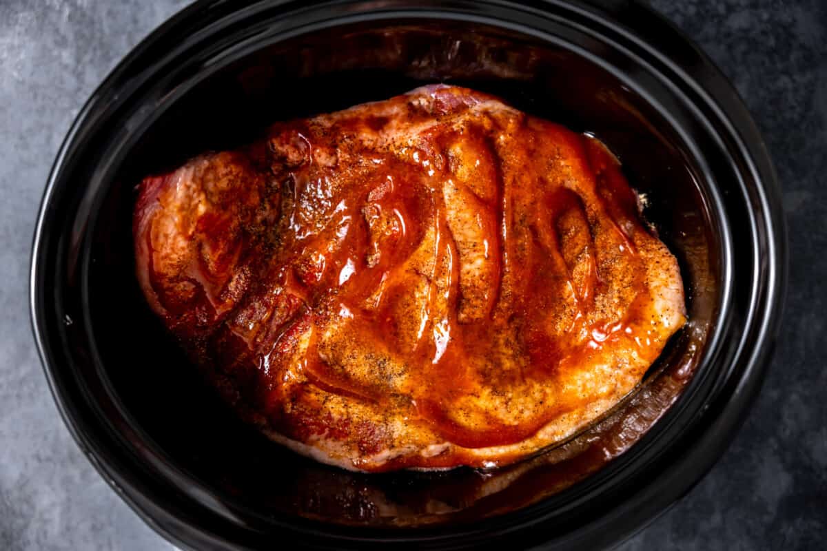 Beef brisket in a slow cooker.