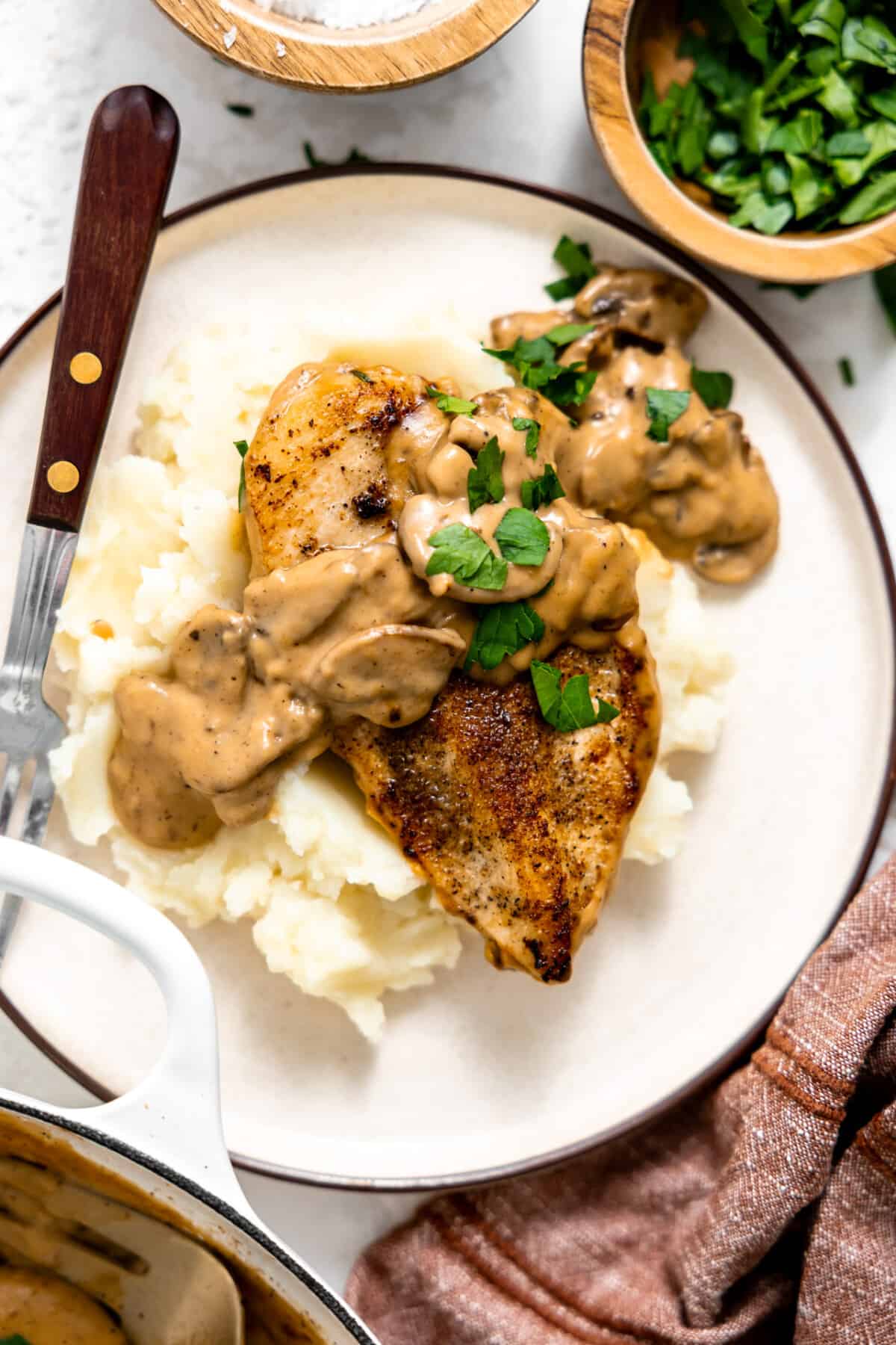 Cream of mushroom chicken served over mashed potatoes. 