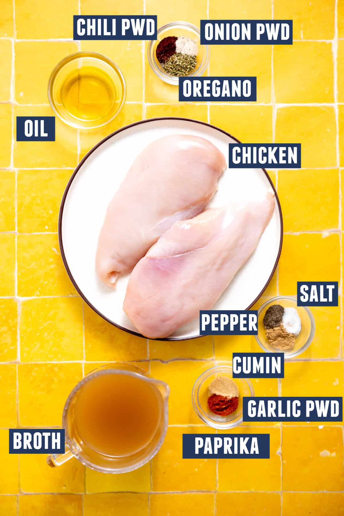 Ingredients needed to make chicken tacos.