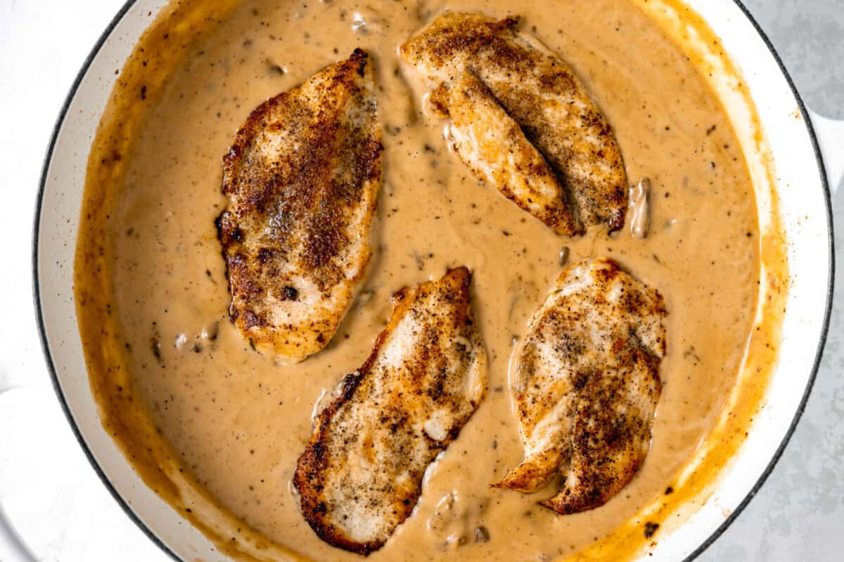 Seared chicken breasts in a creamy mushroom sauce.