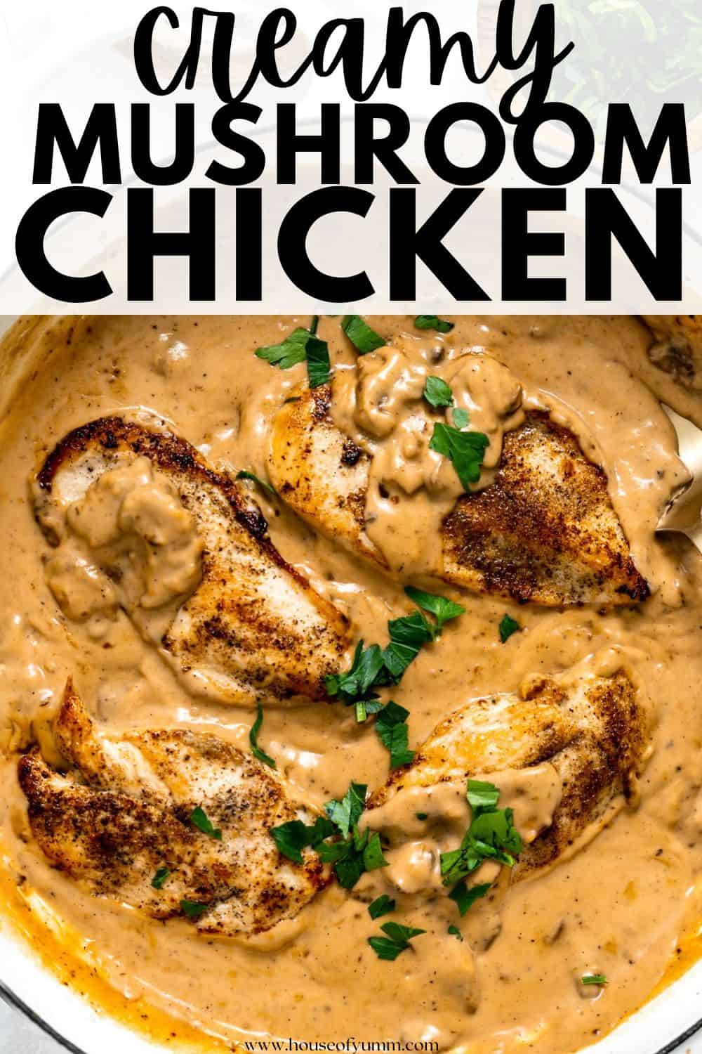 Creamy mushroom chicken skillet with text.
