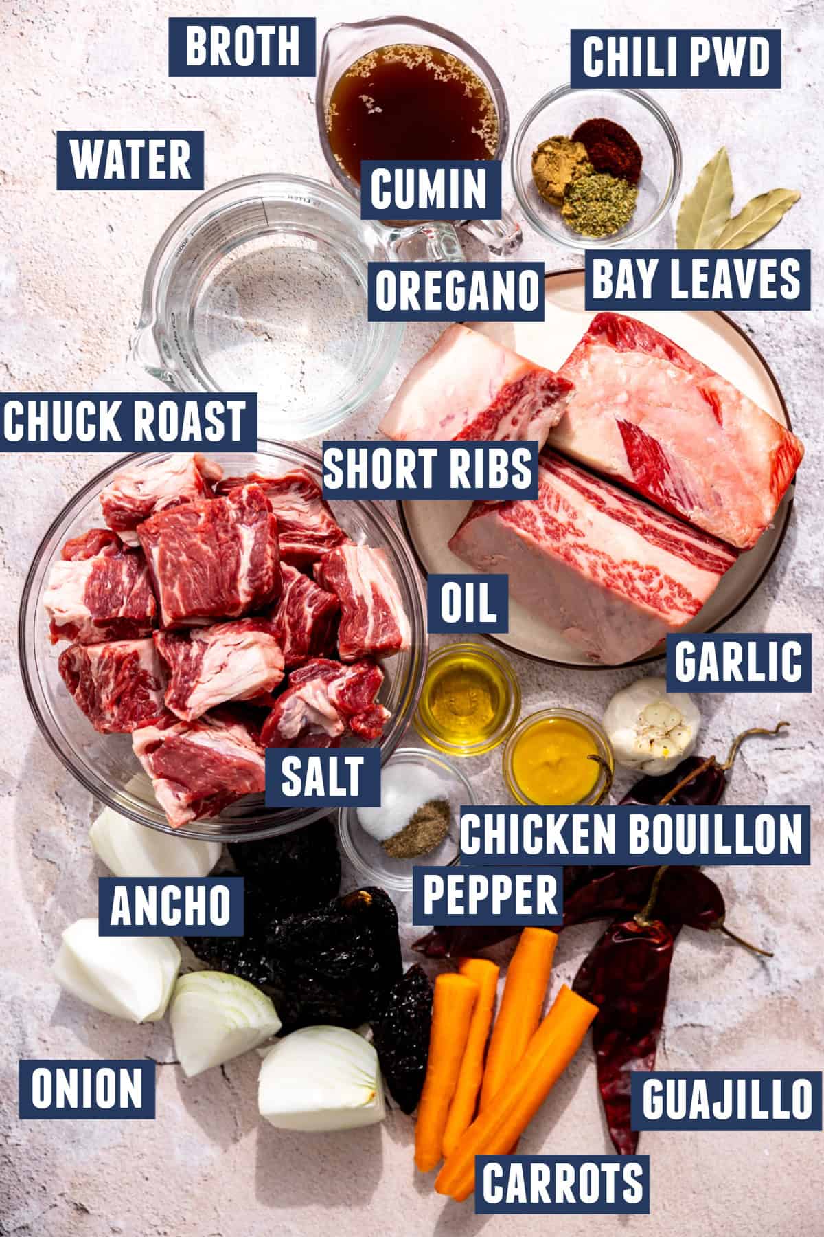 Ingredients needed to make birria, Mexican stew. 