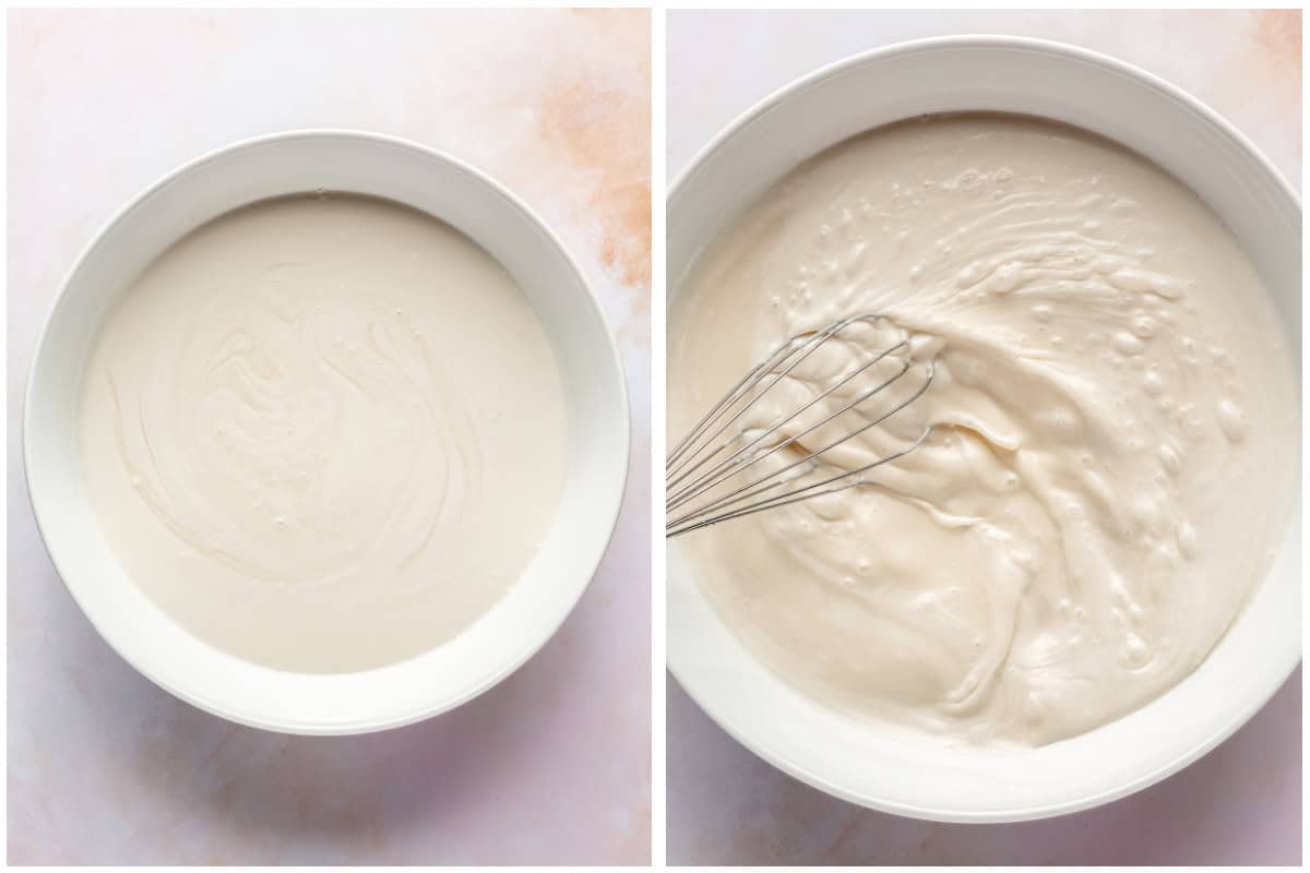Bowl with coconut milk, cream of coconut and coconut water being whisked to make coconut sorbet.