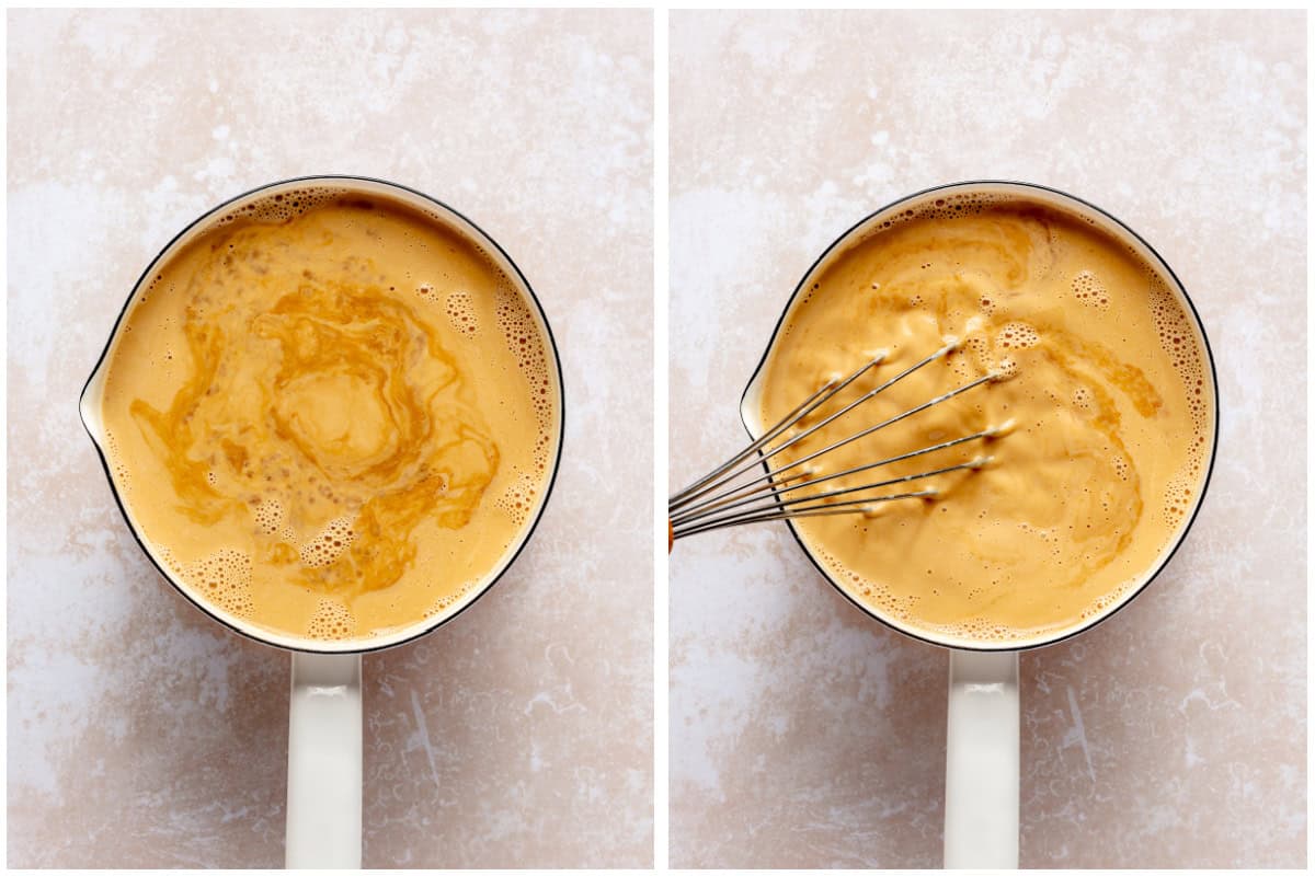 Saucepan with ingredients for dulce de leche ice cream being whisked together.