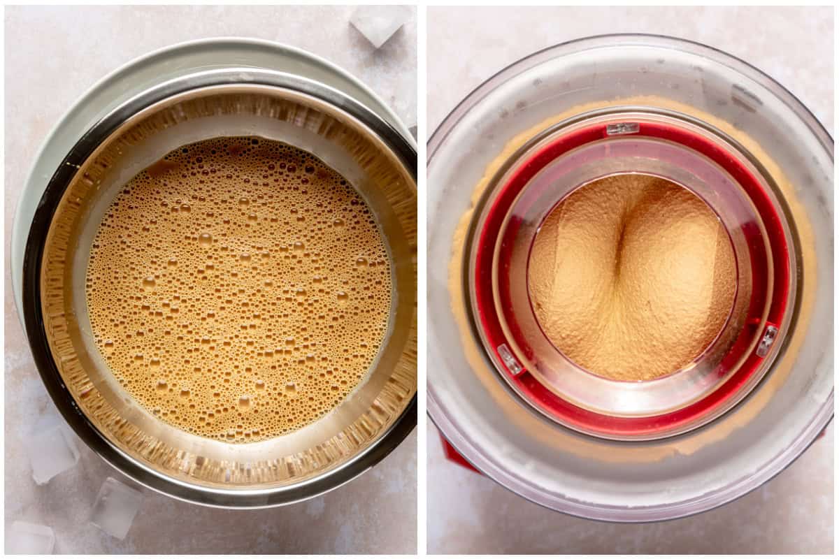 Ice cream maker with homemade dulce de leche ice cream poured in and then after churning.
