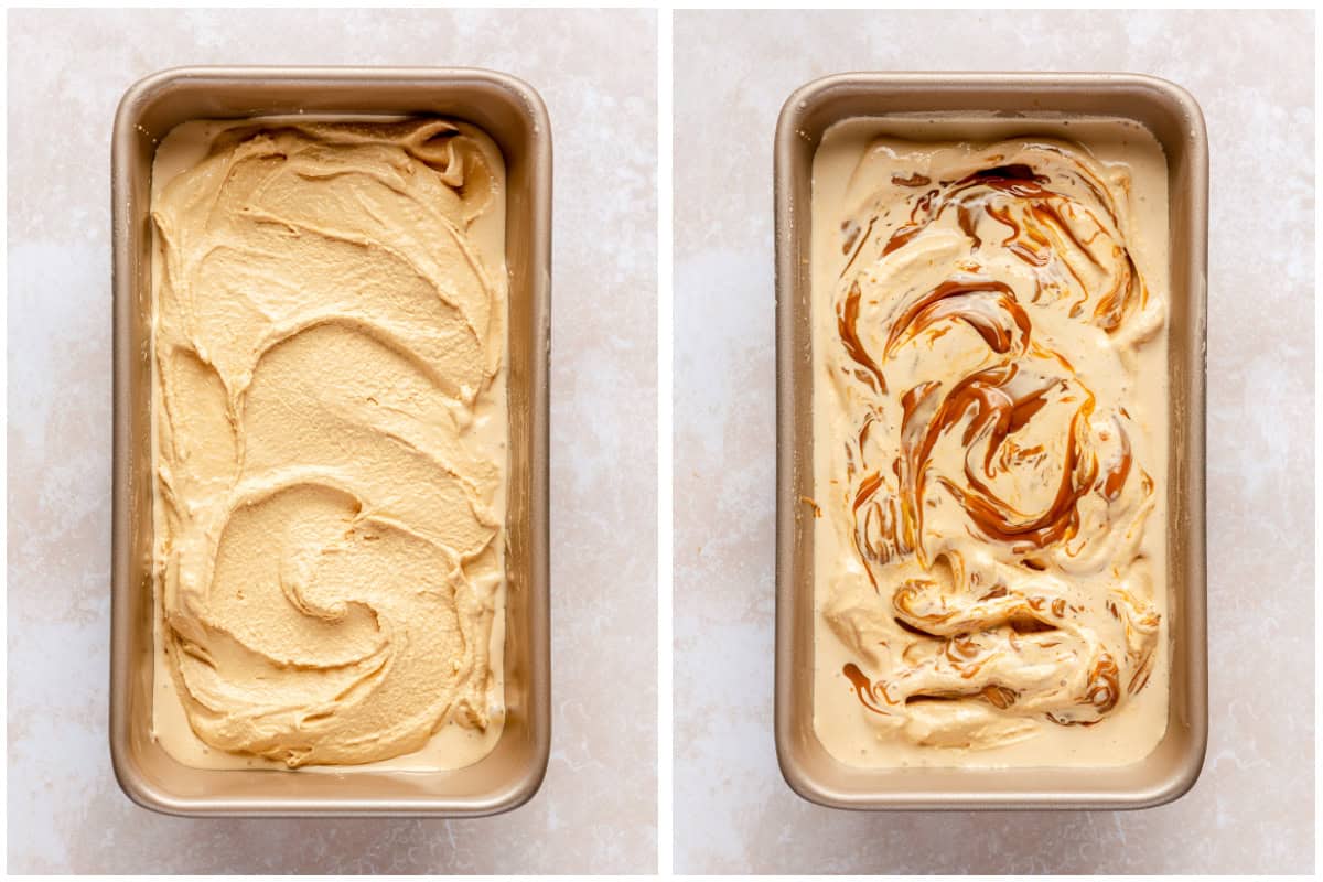Loaf pan with homemade dulce de leche ice cream added then caramel drizzle being swirled in.