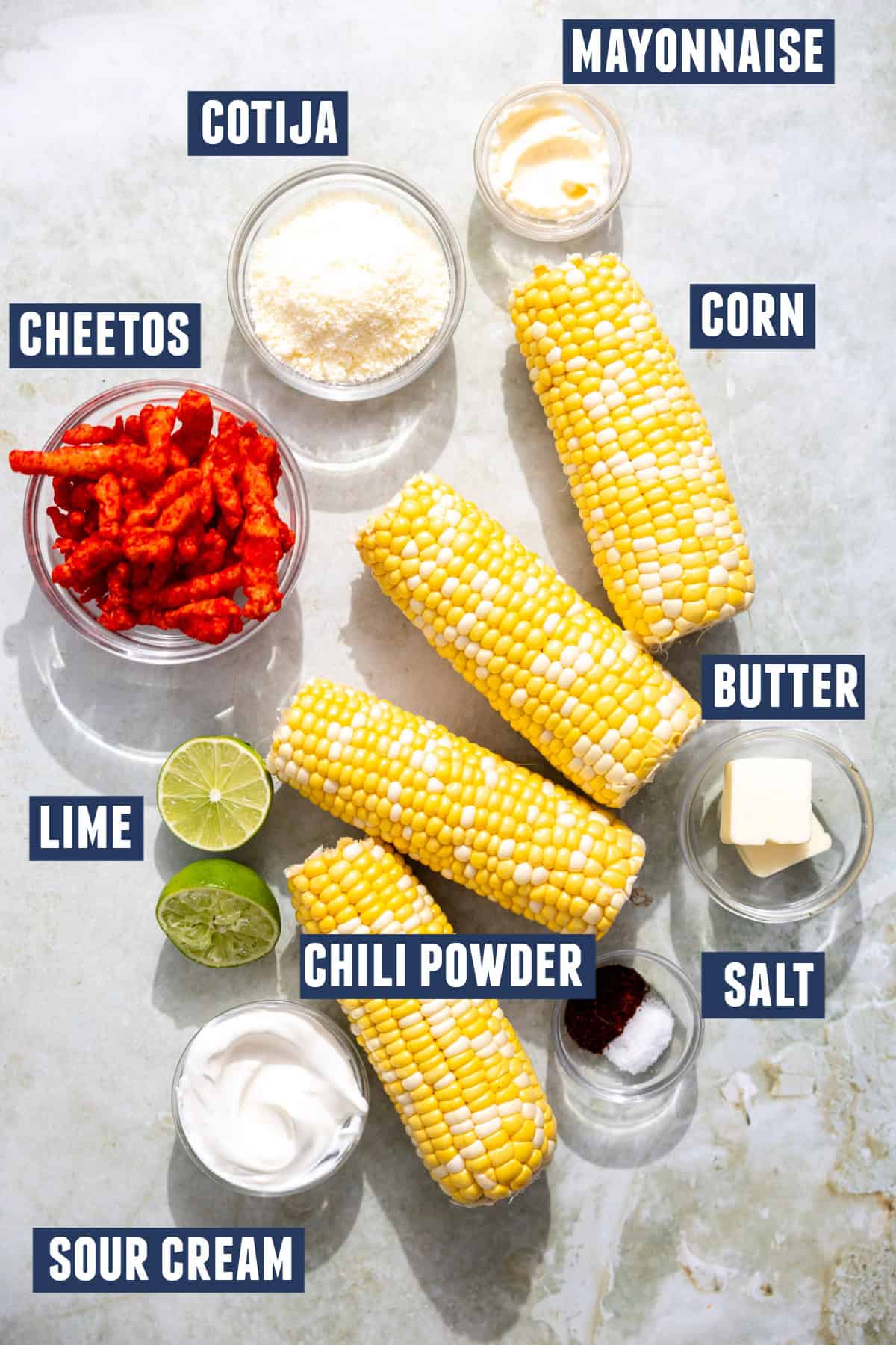 Ingredients needed to make Esquites.