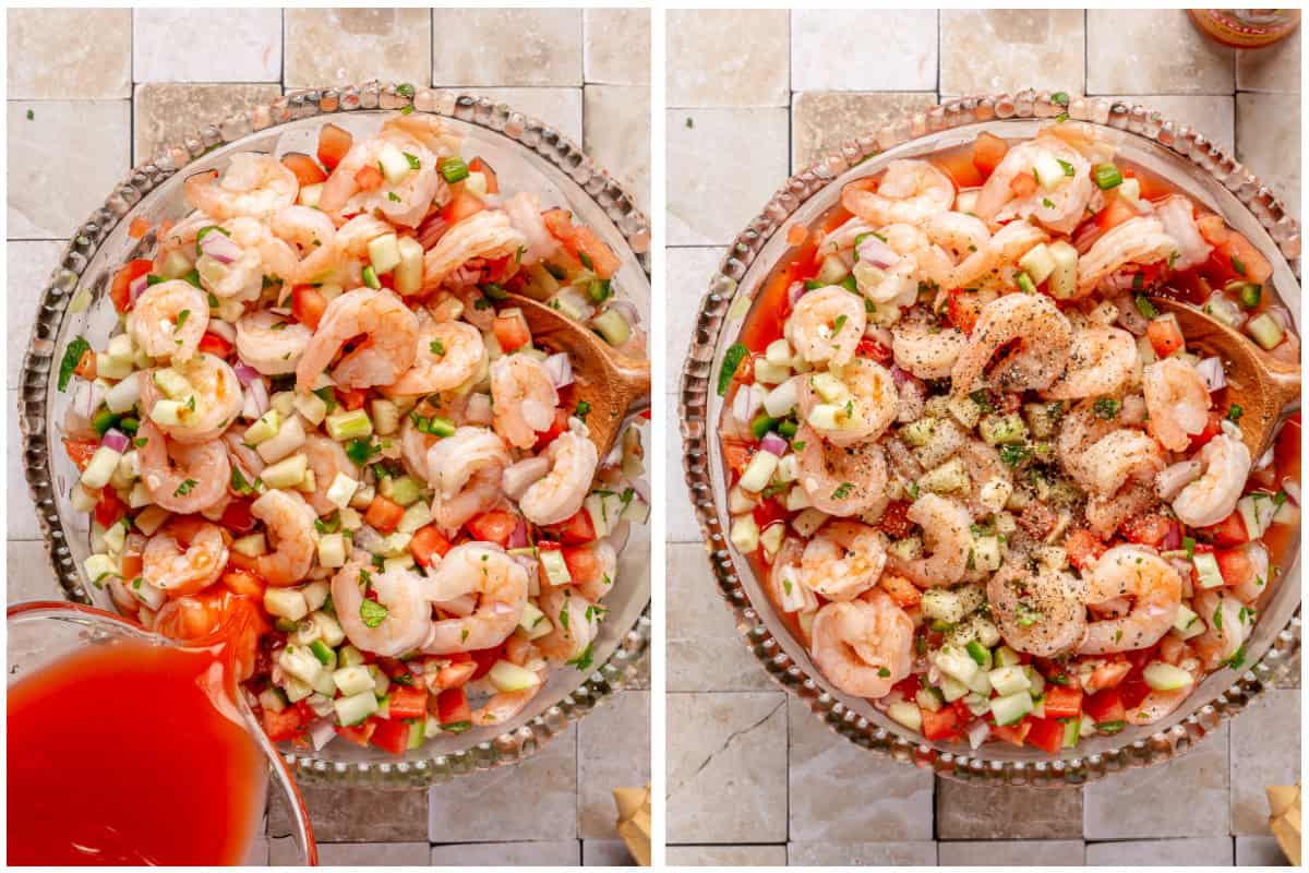 Pouring Clamato juice into a bowl for Mexican shrimp cocktail. 