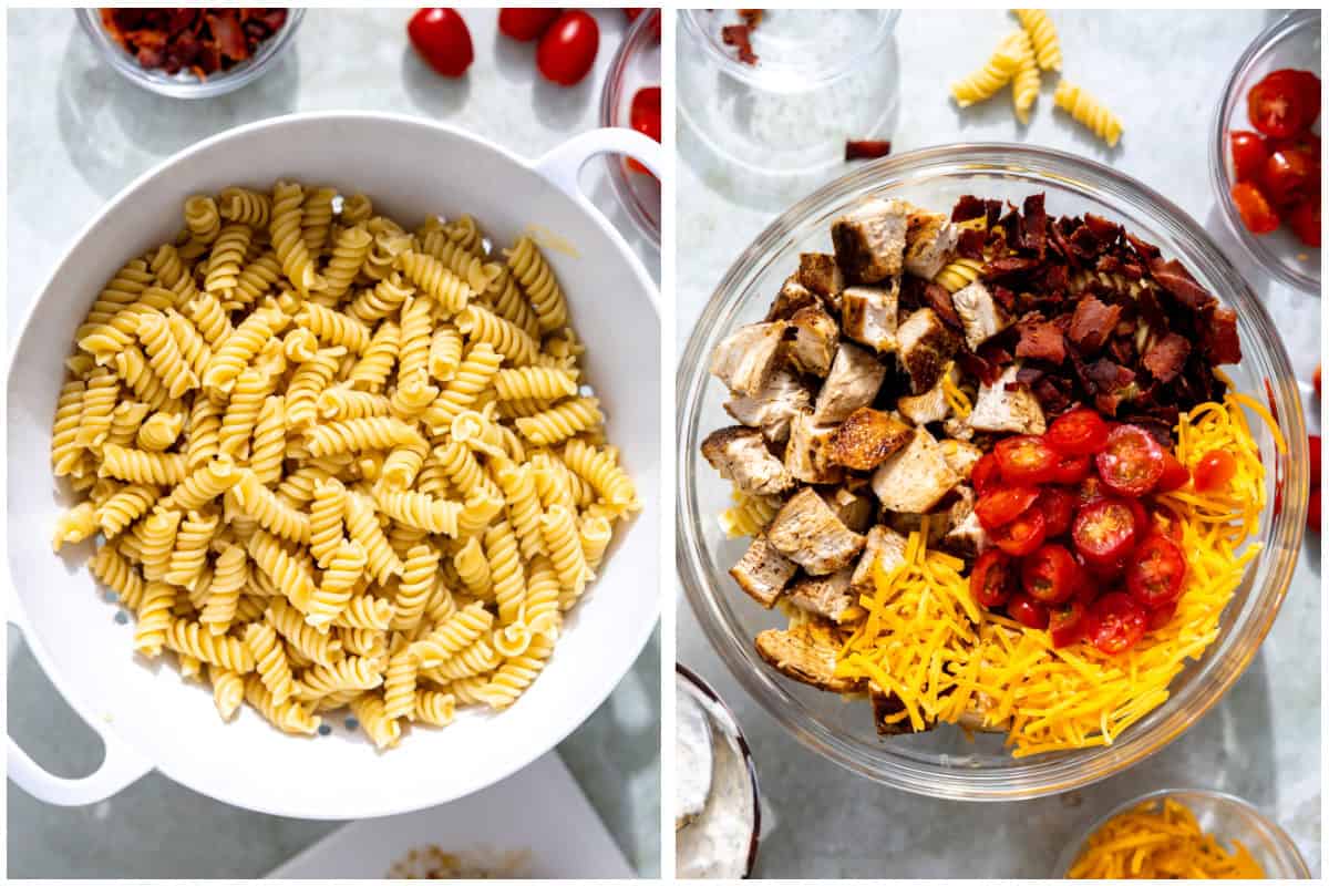 Cooked noodles in a pot then added to a glass bowl with cooked chicken, bacon, tomatoes, and cheese.