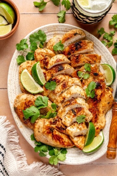 Plate with sliced Chile lime chicken.