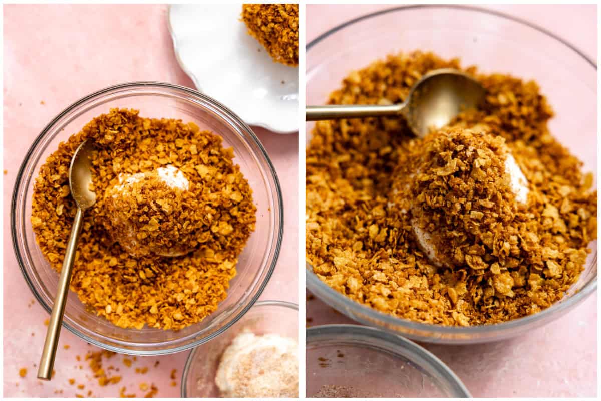 Rolling ice cream into toasted corn flakes. 