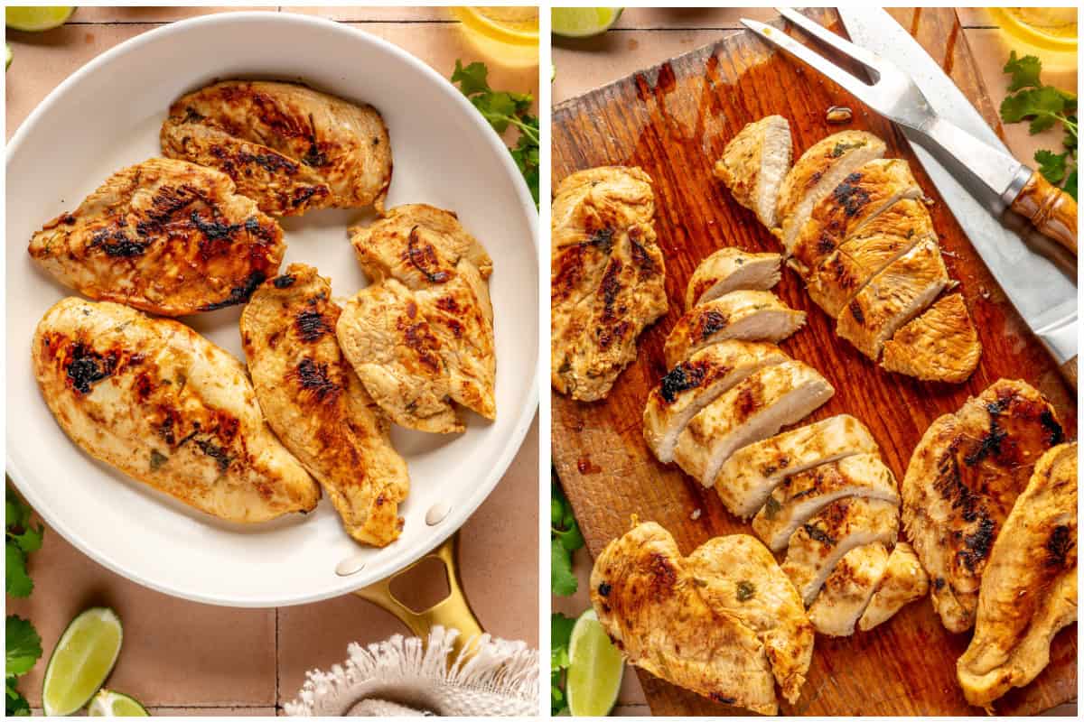 Chile lime chicken cooking in a skillet then being sliced on a wooden cutting board. 