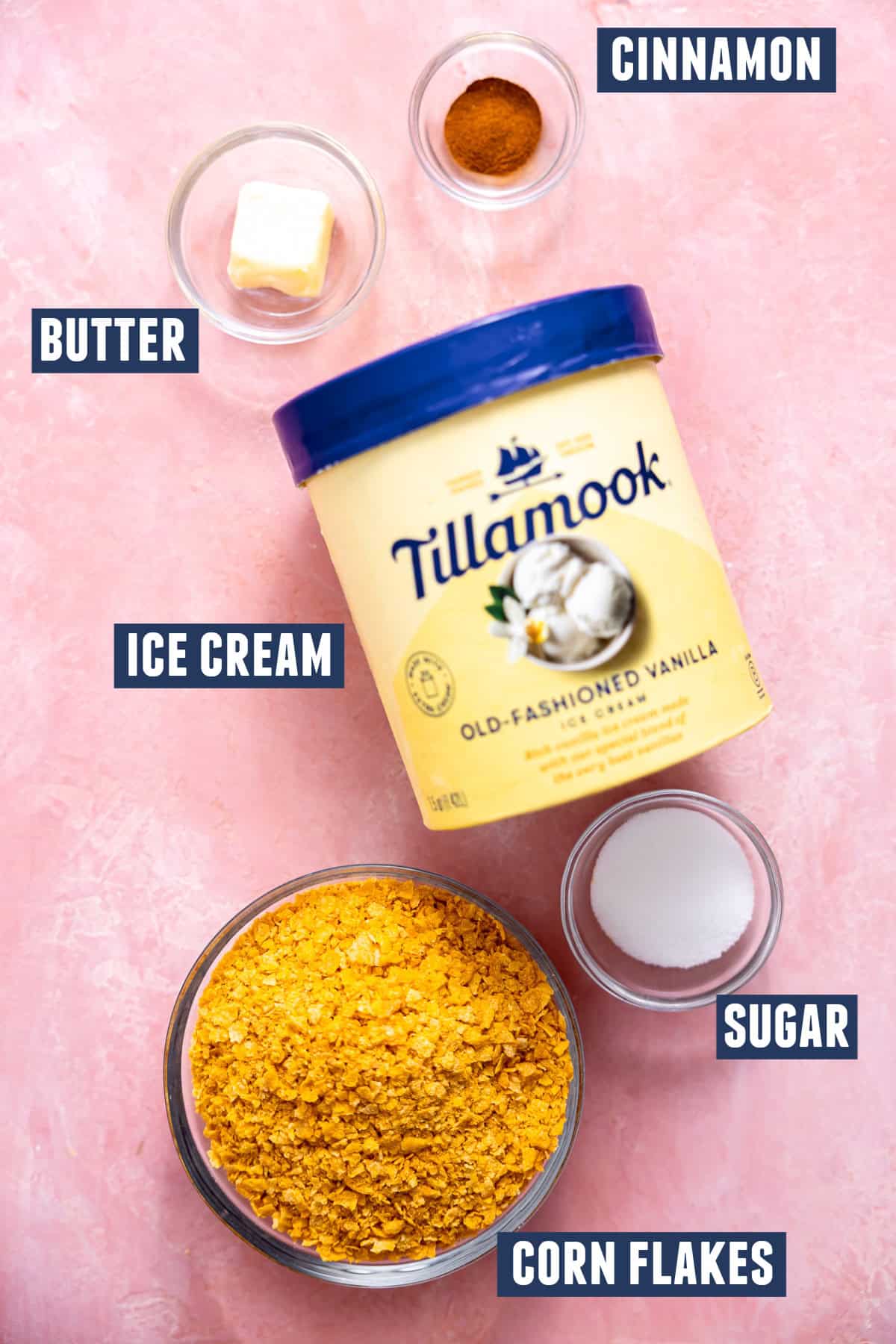 Ingredients needed to make Homemade Fried Ice Cream.
