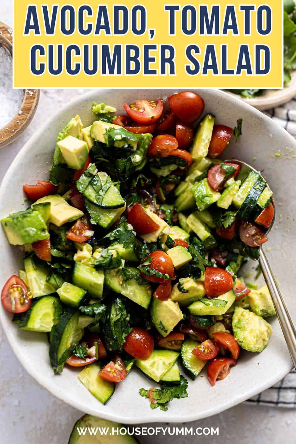 Avocado, Tomato, and Cucumber salad with text.