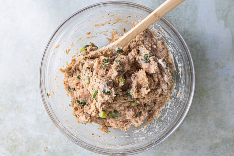 Cilantro Lime Meatball mixture in a glass bowl.