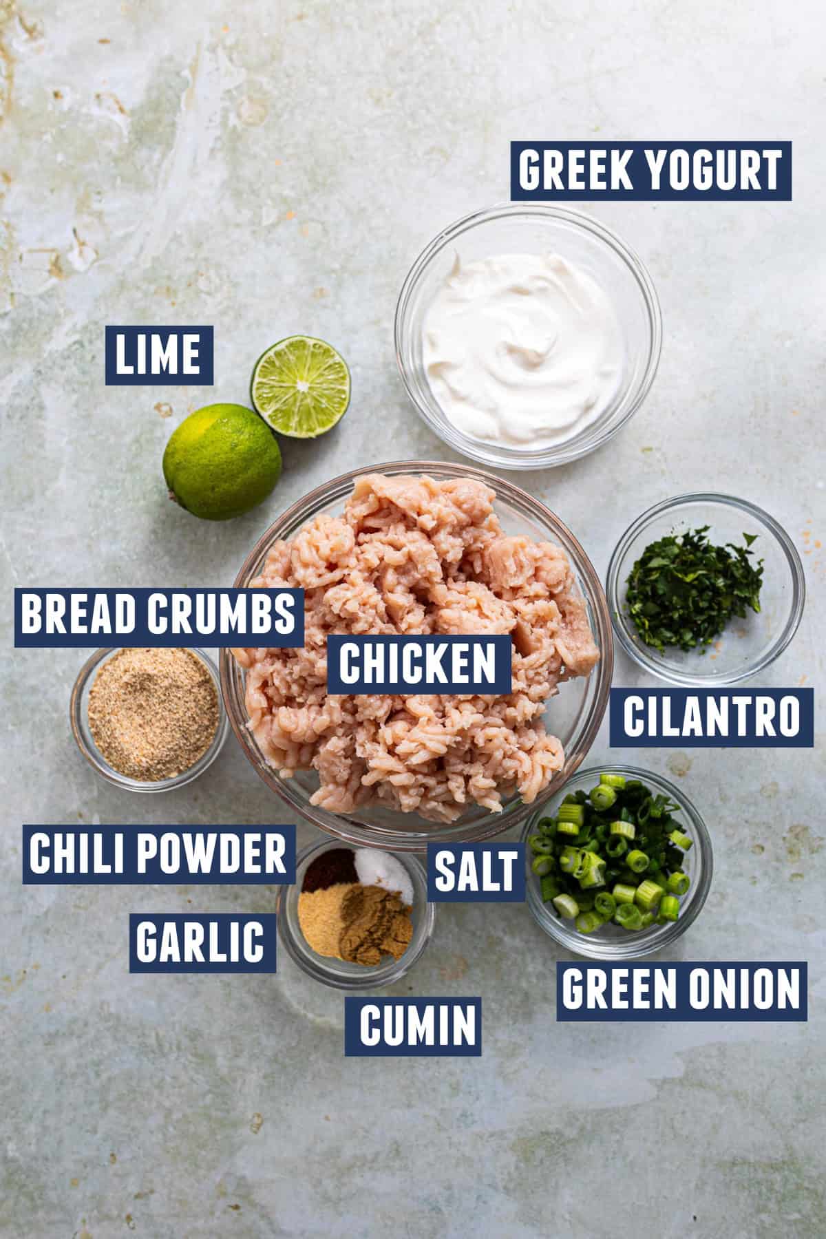 Ingredients needed to make Cilantro Lime Chicken Meatballs laid out on the counter. 