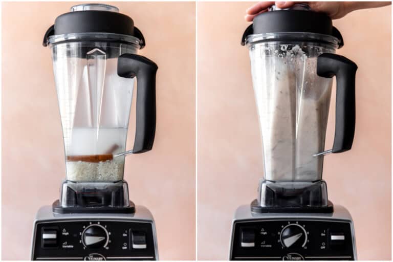 Blending rice with cinnamon sticks and water.