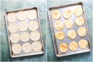 Corn tortillas on a baking sheet before and after baking.